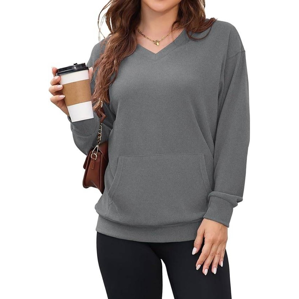 Auselily Pullover Sweatshirt Women 4XL Sage Gray V-Neck Kangaroo Pocket Hoodless